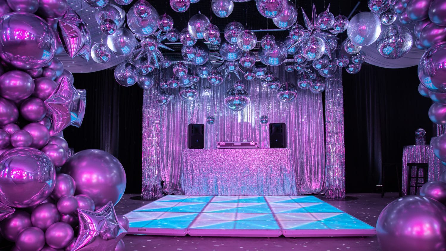 70s silver disco theme led dance floor and silver mirror balls