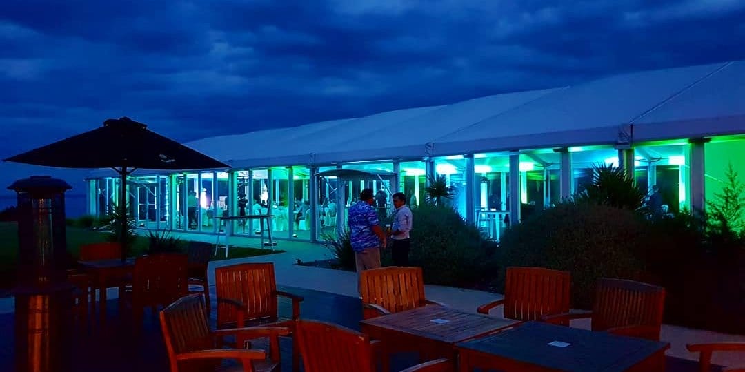 marquee lighting in green and blue