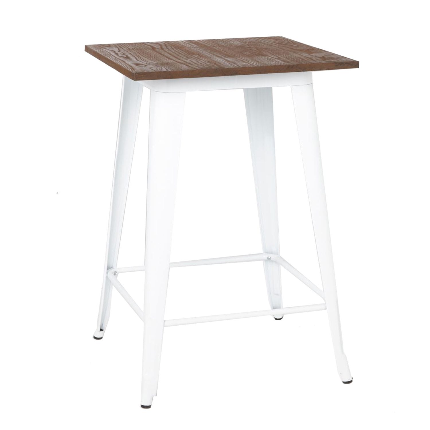 Our Tolix Bar Tables have powder-coated steel legs, a solid wooden top, and rubber feet.