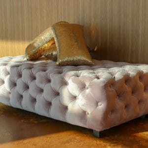Pink Velvet Ottoman Hire Melbourne Angled View