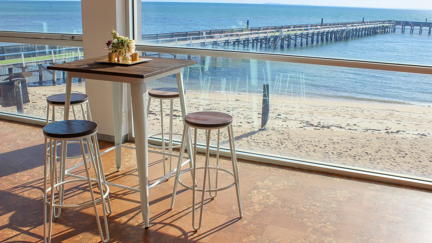 White Tolix Table with White Hair Pin Stool Hire Melbourne Beach setting