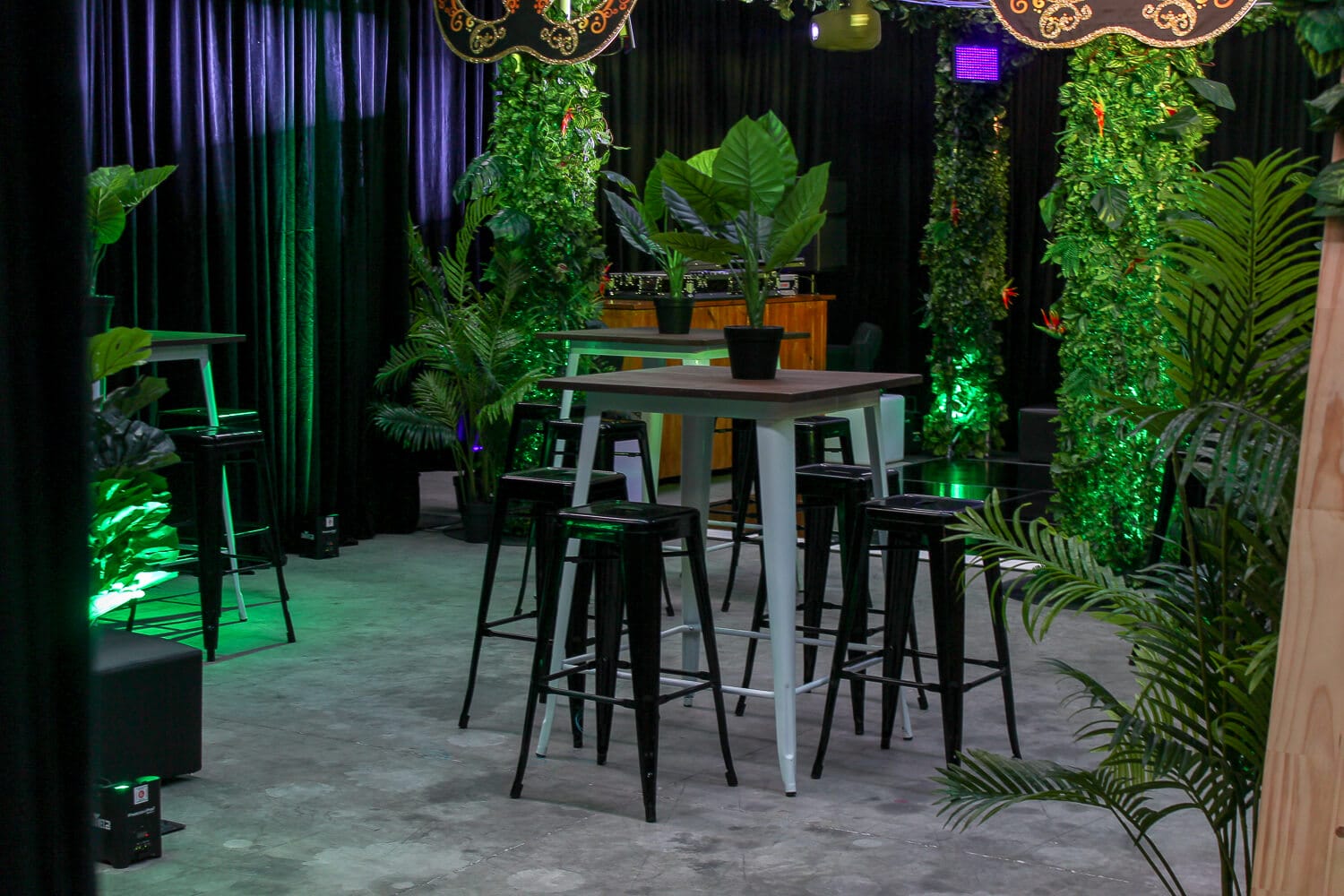 Tolix bar table in jungle setting hire melbourne