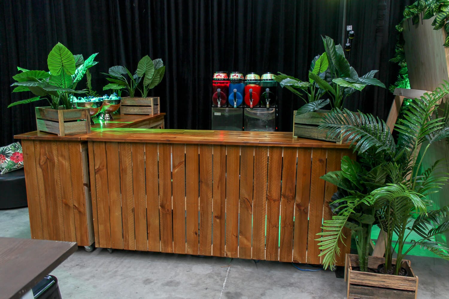 wooden bar in jungle theme hire melbourne