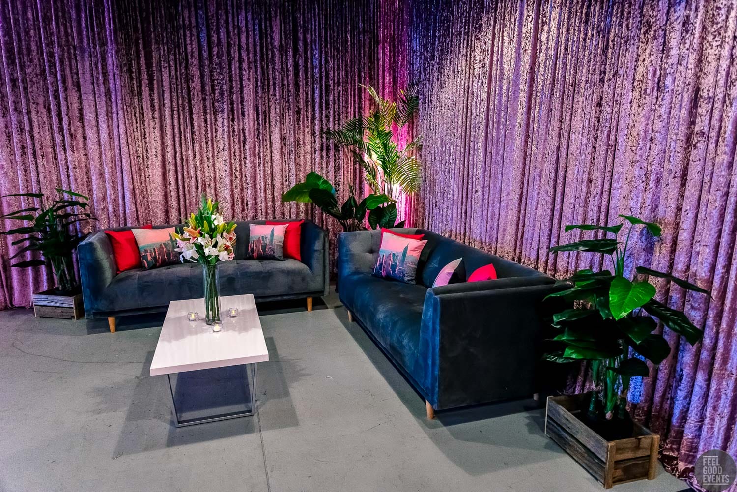 dusty pink crushed velvet draping with sofa setting hire melbourne