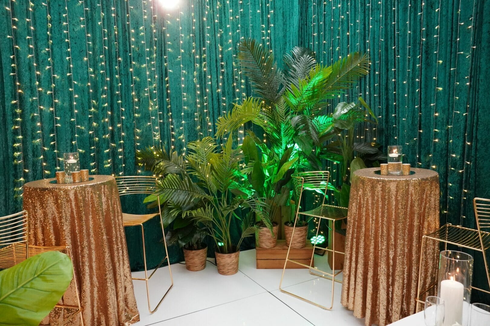 tropical green and gold party theme