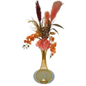 pink and gold floral centrepiece with vase, mirror base and assorted flowers
