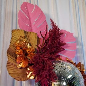 pink and gold leaf mirror ball display
