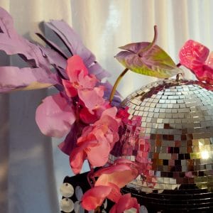 neon florals and silver mirror balls