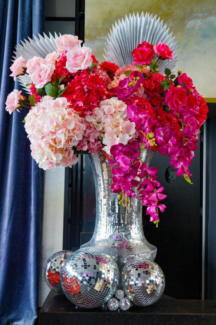 Disco ball vase with pink and silver florals