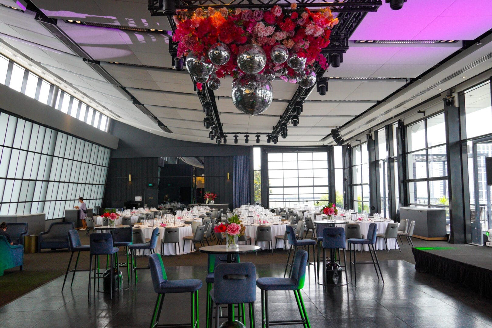 Luminare venue with a pink floral and disco ball ceiling installation above the dance floor