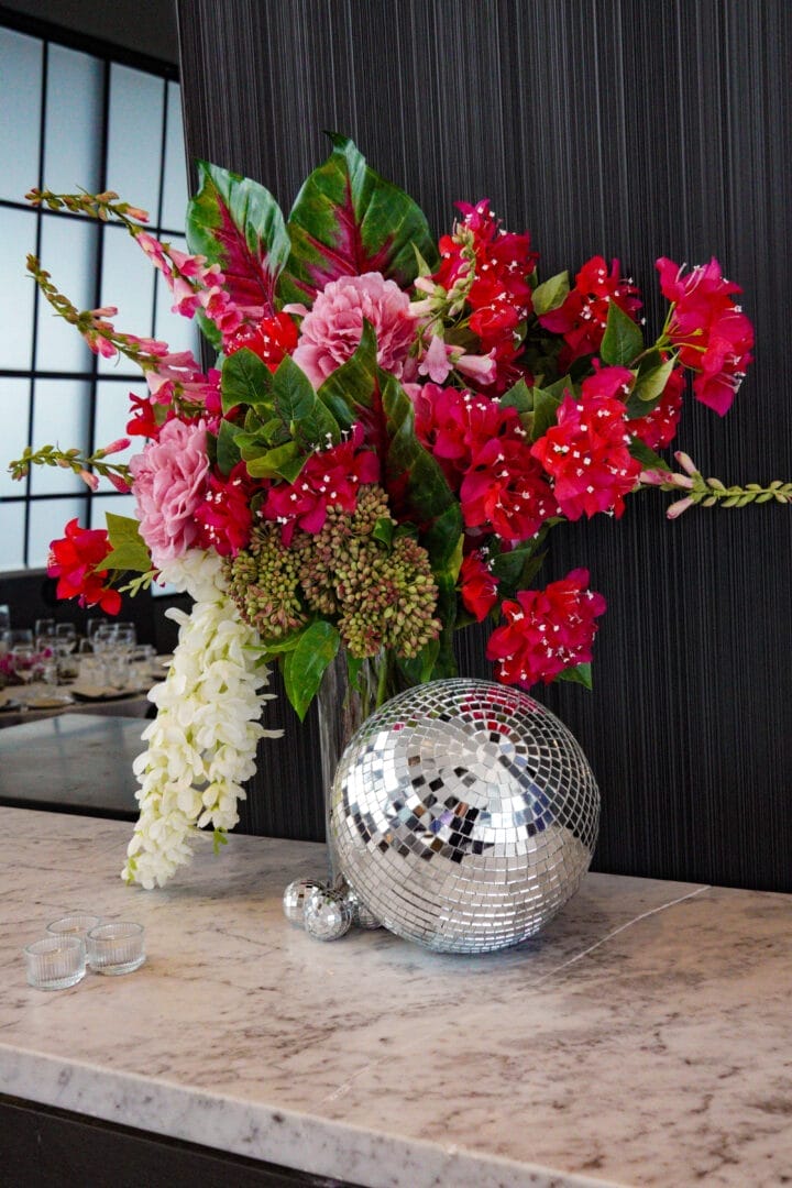 Pink florals and silver mirror balls