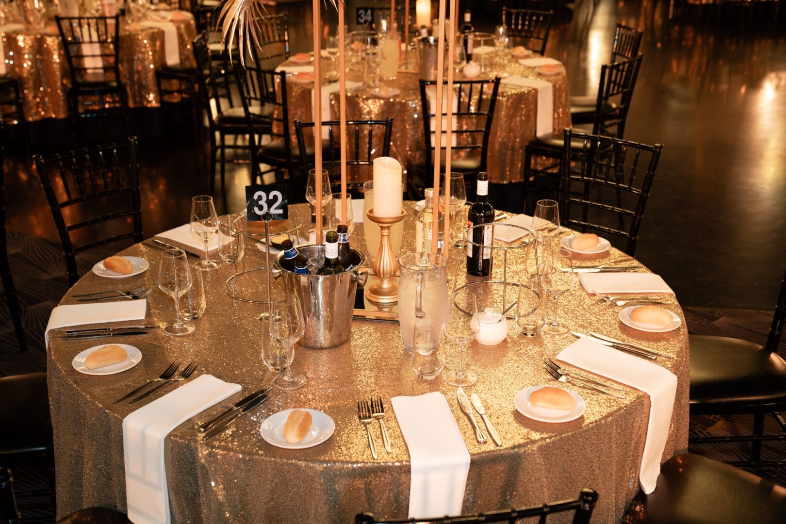 gold sequin table overlay at 1920s themed end of yeaar